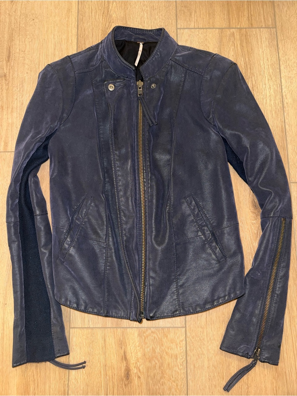 Free People Navy Leather Moto Jacket with Zip Details